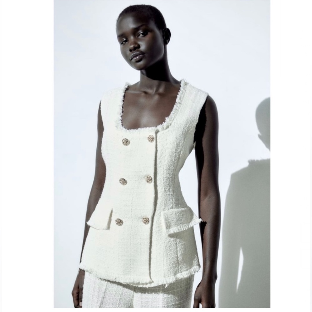 ZARA METALLIC TWEED TEXTURED WAISTCOAT 3532/430 White Tweed Vest